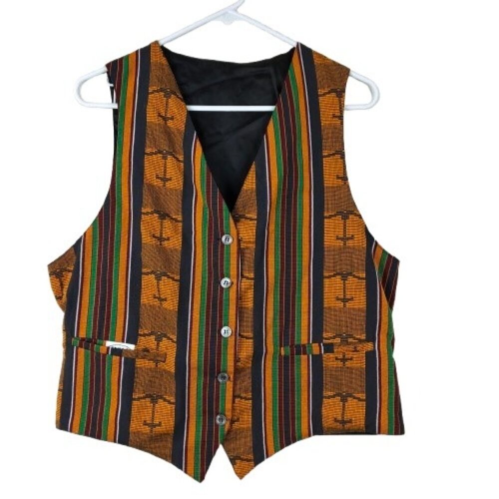 VTG  80s Canoe Anchor Print Vest Gold Stripe Size Small Nautical Heritagewear